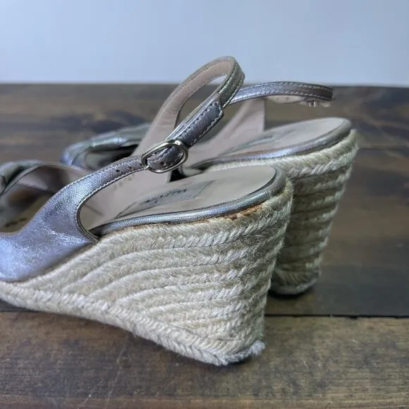 Valentino Metallic Silver Pewter Leather Bow Wedge Espadrille Sandals EU 39 8.5