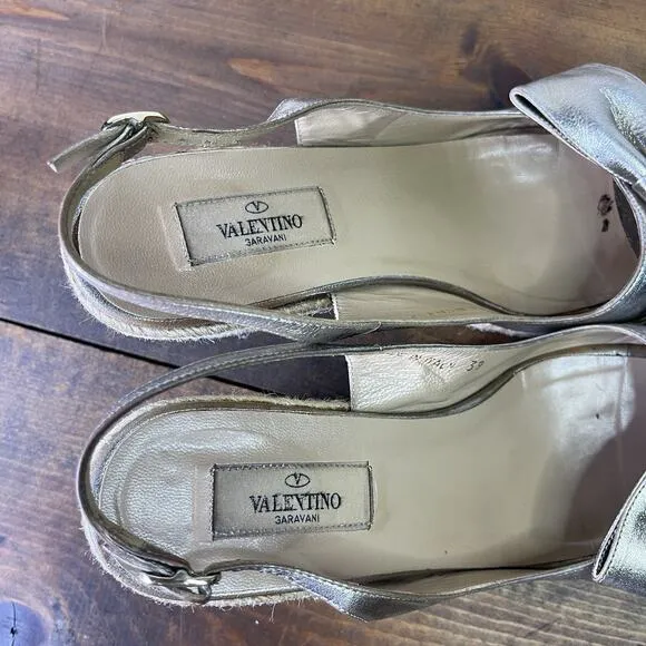 Valentino Metallic Silver Pewter Leather Bow Wedge Espadrille Sandals EU 39 8.5