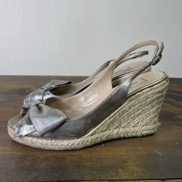 Valentino Metallic Silver Pewter Leather Bow Wedge Espadrille Sandals EU 39 8.5
