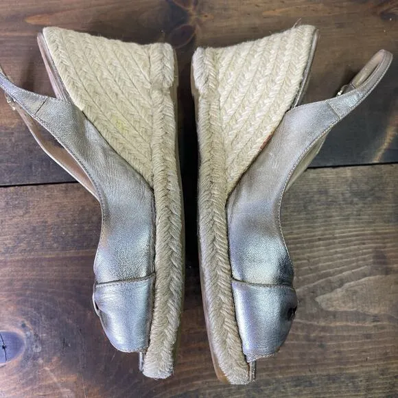 Valentino Metallic Silver Pewter Leather Bow Wedge Espadrille Sandals EU 39 8.5