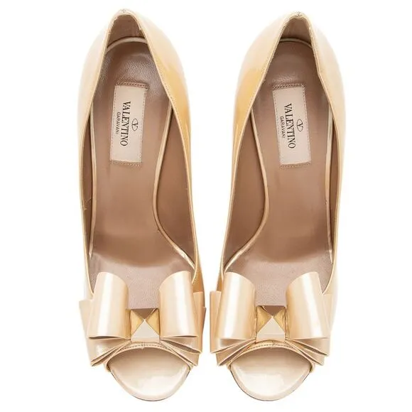 Valentino Patent Leather Rockstud Bow Peep Toe Pumps - Size 9.5 / 39.5