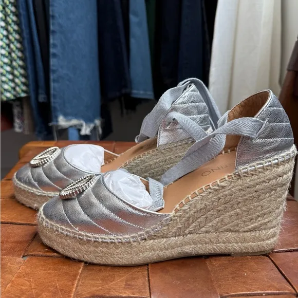 VALENTINO Silver Espadrille Wedge Sandals. NWT