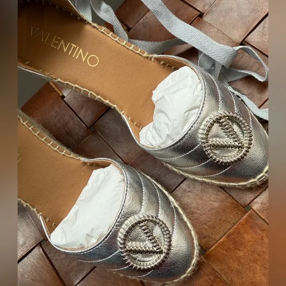 VALENTINO Silver Espadrille Wedge Sandals. NWT