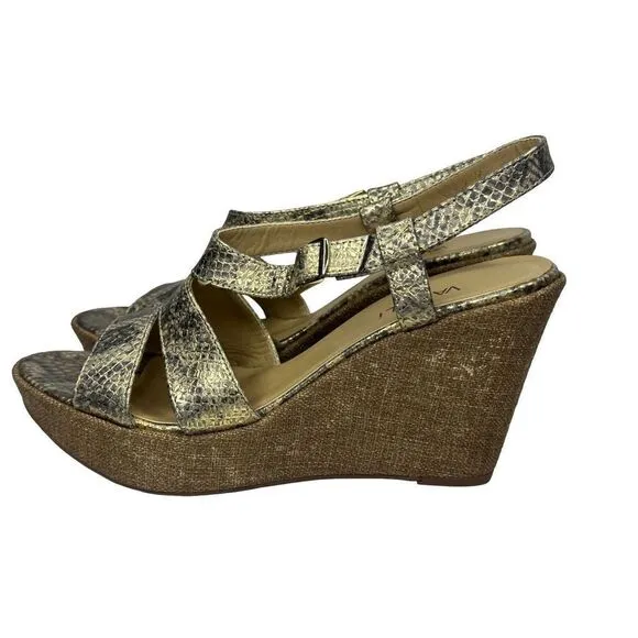 VANELi Gold Metallic Snakeskin Wedge Sandals Size 9 1/2