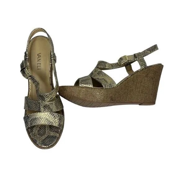 VANELi Gold Metallic Snakeskin Wedge Sandals Size 9 1/2