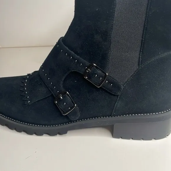Vaneli M black suede leather kiltie ankle boot with silver toned studs, size 8N