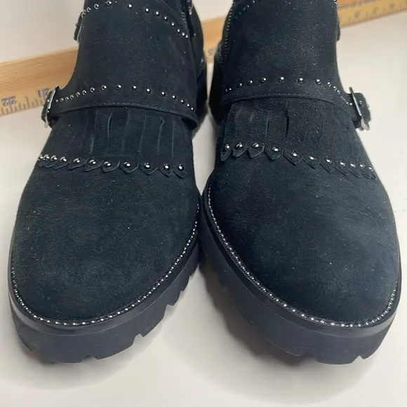 Vaneli M black suede leather kiltie ankle boot with silver toned studs, size 8N