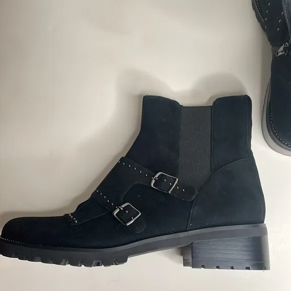 Vaneli M black suede leather kiltie ankle boot with silver toned studs, size 8N