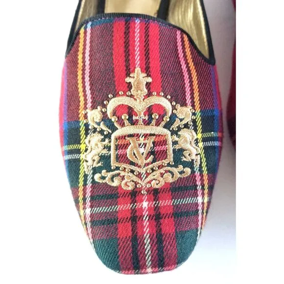 VC Signature Flats Red Tartan Plaid Sz 6 Embroidered Logo Square Toe
