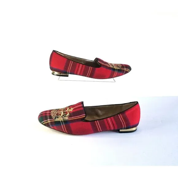 VC Signature Flats Red Tartan Plaid Sz 6 Embroidered Logo Square Toe