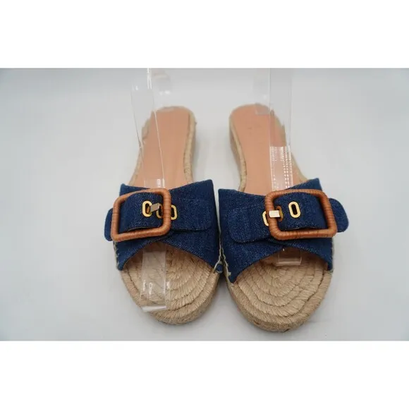 Veronica Beard Apa Denim Espadrille Jute Sole Slide Oversized Buckle Size 8M New