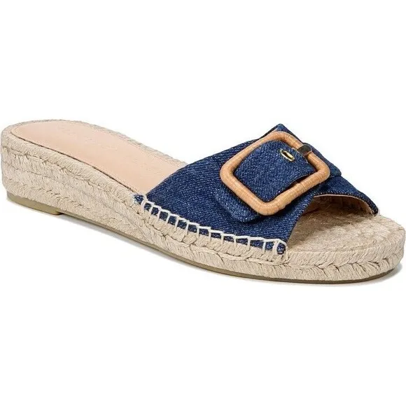 Veronica Beard Apa Denim Espadrille Jute Sole Slide Oversized Buckle Size 8M New