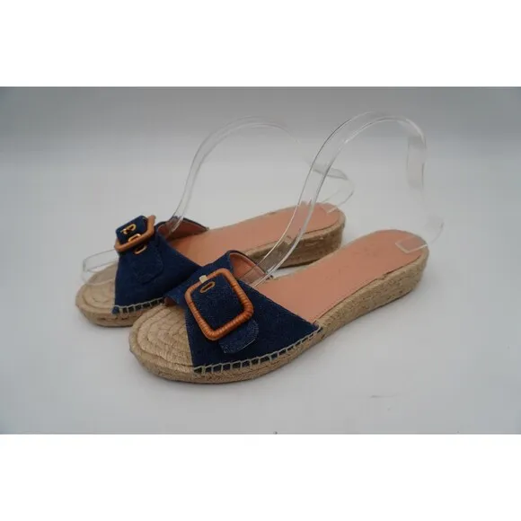 Veronica Beard Apa Denim Espadrille Jute Sole Slide Oversized Buckle Size 8M New