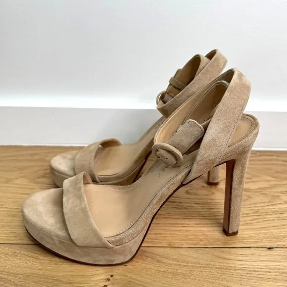 Veronica Beard Darcelle Suede Taupe Ankle-Strap Stiletto Heel