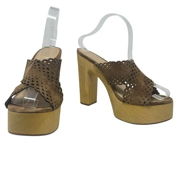 Veronica Beard Gaynor Clog Sandals Suede Scalloped Hazelwood Brown Size 10