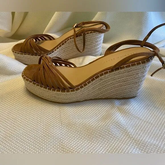 Veronica Breard tan suede platform sling back espadrille wedge ankle sandals 12.