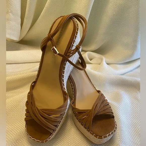 Veronica Breard tan suede platform sling back espadrille wedge ankle sandals 12.