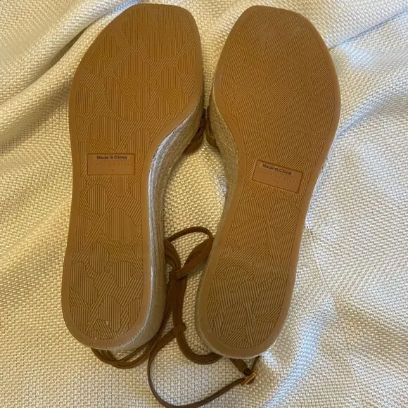 Veronica Breard tan suede platform sling back espadrille wedge ankle sandals 12.