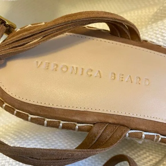 Veronica Breard tan suede platform sling back espadrille wedge ankle sandals 12.