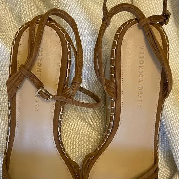 Veronica Breard tan suede platform sling back espadrille wedge ankle sandals 12.