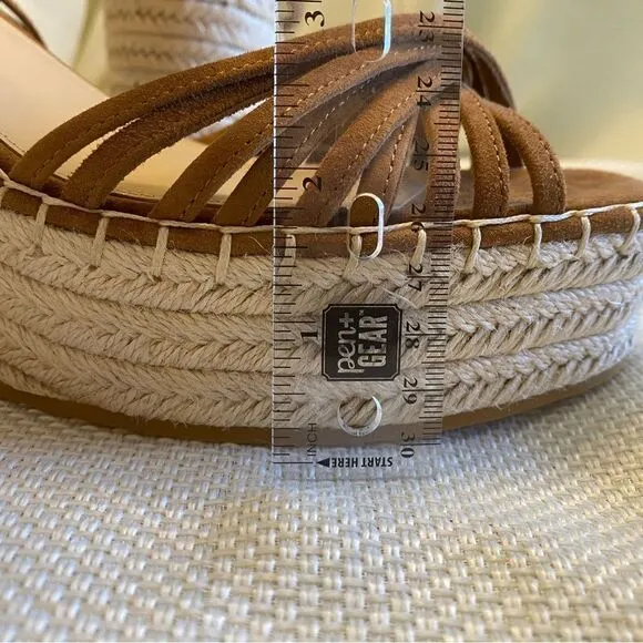 Veronica Breard tan suede platform sling back espadrille wedge ankle sandals 12.