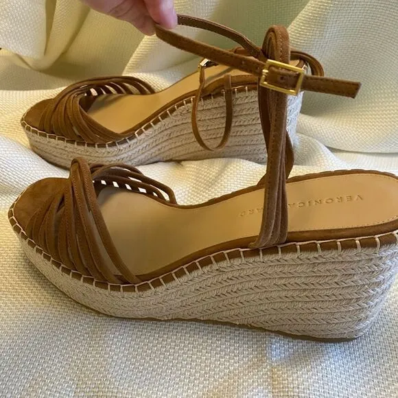 Veronica Breard tan suede platform sling back espadrille wedge ankle sandals 12.