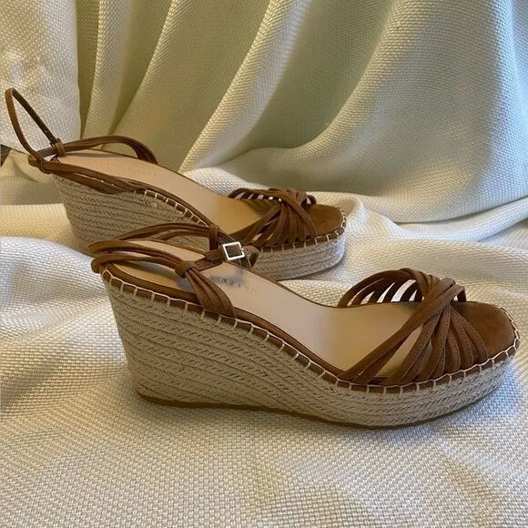 Veronica Breard tan suede platform sling back espadrille wedge ankle sandals 12.