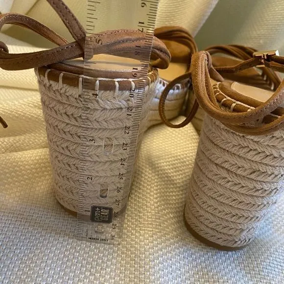 Veronica Breard tan suede platform sling back espadrille wedge ankle sandals 12.