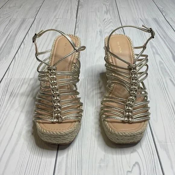VIA SPIGA Selma Rope &amp; Metallic Leather Platform Wedge Sandals 9
