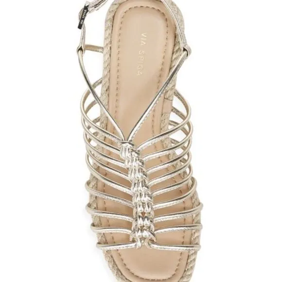 VIA SPIGA Selma Rope &amp; Metallic Leather Platform Wedge Sandals 9