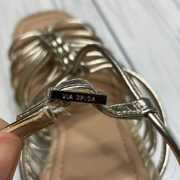VIA SPIGA Selma Rope &amp; Metallic Leather Platform Wedge Sandals 9