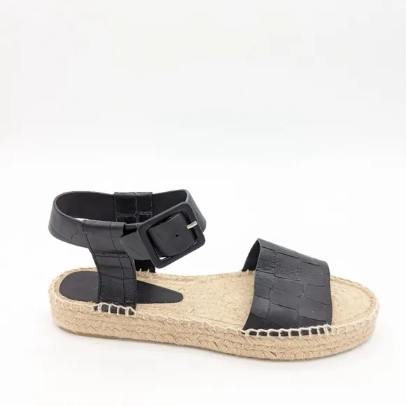 VINCE Black Leather Croc Embossed Platform Espadrille Sandals NWT Size 10