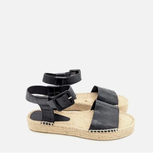 VINCE Black Leather Croc Embossed Platform Espadrille Sandals NWT Size 10