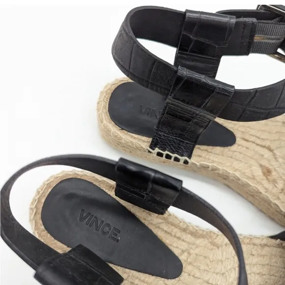 VINCE Black Leather Croc Embossed Platform Espadrille Sandals NWT Size 10