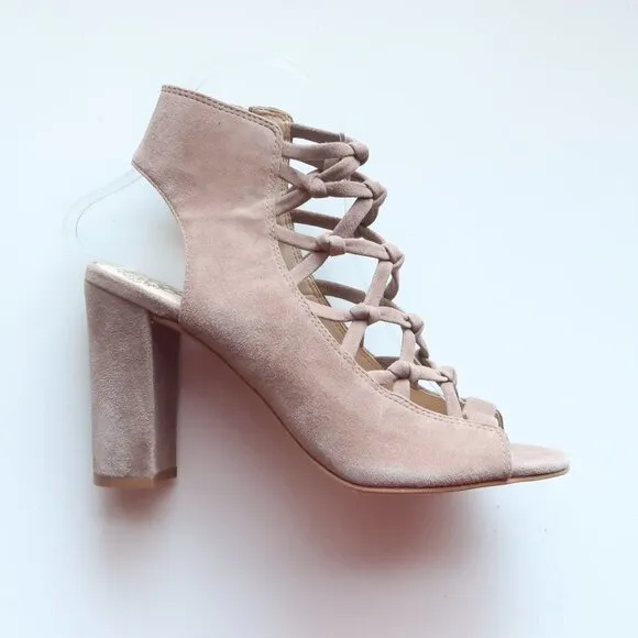 Vince Camuto Beige Suede Leather Peep Toe Slingback Bootie Shoes / Ankle Boots