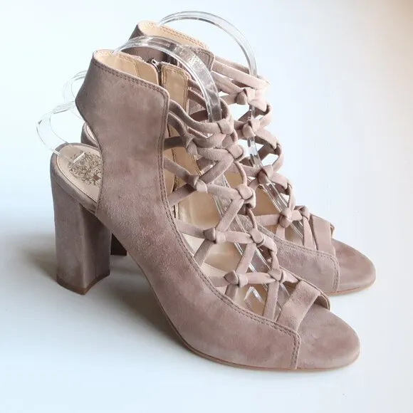 Vince Camuto Beige Suede Leather Peep Toe Slingback Bootie Shoes / Ankle Boots