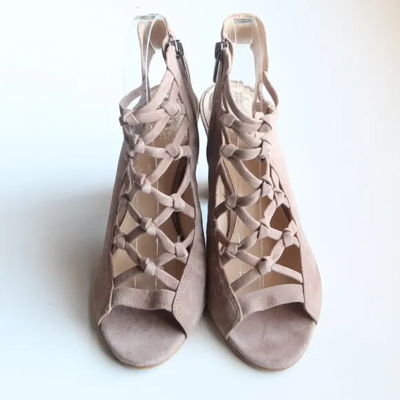 Vince Camuto Beige Suede Leather Peep Toe Slingback Bootie Shoes / Ankle Boots