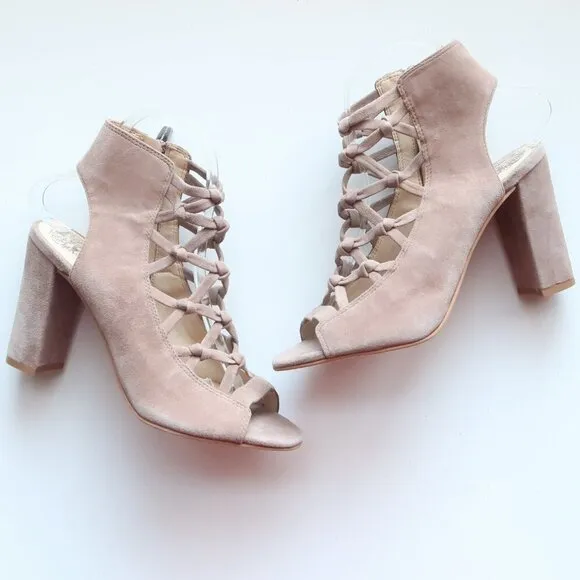 Vince Camuto Beige Suede Leather Peep Toe Slingback Bootie Shoes / Ankle Boots