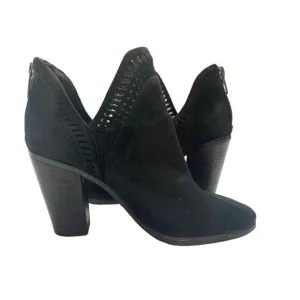 Vince Camuto Black Leather Suede Laser cut Block Heel Bootie Shoes Women Size 7
