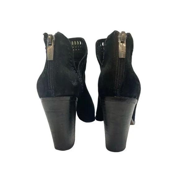 Vince Camuto Black Leather Suede Laser cut Block Heel Bootie Shoes Women Size 7