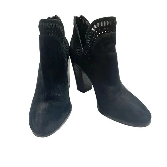 Vince Camuto Black Leather Suede Laser cut Block Heel Bootie Shoes Women Size 7