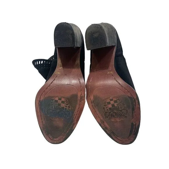 Vince Camuto Black Leather Suede Laser cut Block Heel Bootie Shoes Women Size 7