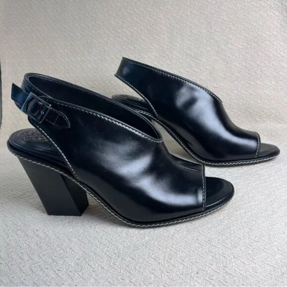 Vince Camuto Fandree Women Slingback Heel Sandal 11 Black Leather Peep Toe Stack