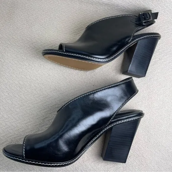Vince Camuto Fandree Women Slingback Heel Sandal 11 Black Leather Peep Toe Stack