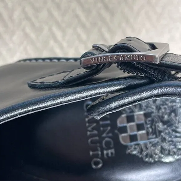Vince Camuto Fandree Women Slingback Heel Sandal 11 Black Leather Peep Toe Stack