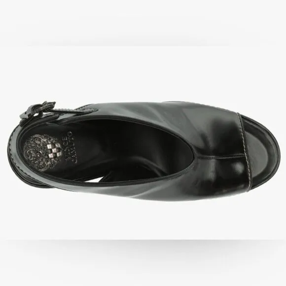 Vince Camuto Fandree Women Slingback Heel Sandal 11 Black Leather Peep Toe Stack