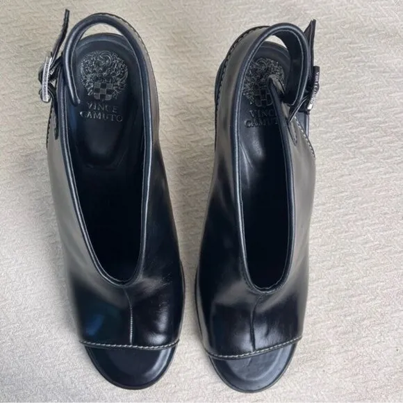 Vince Camuto Fandree Women Slingback Heel Sandal 11 Black Leather Peep Toe Stack