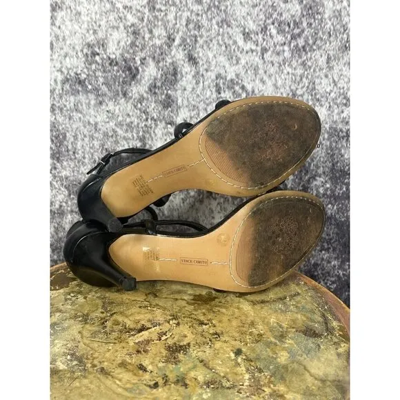 Vince Camuto Heels Women 8M Careleen Black Leather Ankle Strappy Peep Toe 3.5&quot;