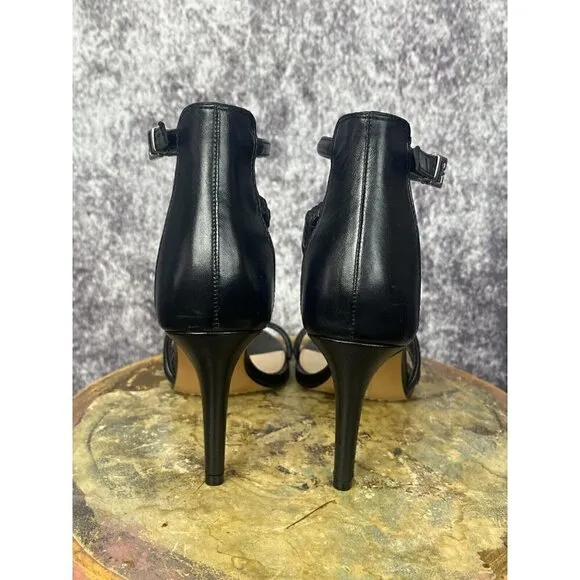 Vince Camuto Heels Women 8M Careleen Black Leather Ankle Strappy Peep Toe 3.5&quot;