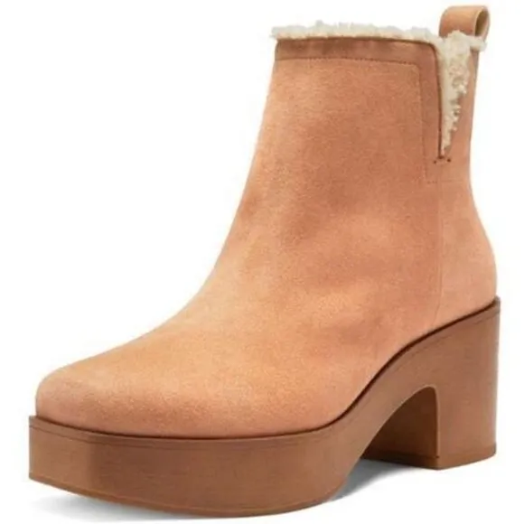 Vince Camuto Rafella Tan Latte Block Heel Bootie Platform Fur Lined Ankle Boot